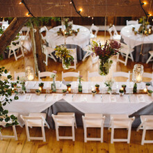 80 Pewter topped with 103 White Hemstitch Overlay at 1824 House Inn + Barn | 822 Weddings